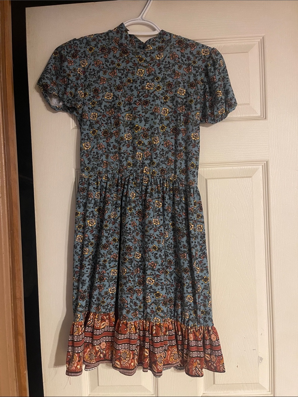 Rue21 Blue Floral Short Sleeve Dress with Rust and Yellow Accents
